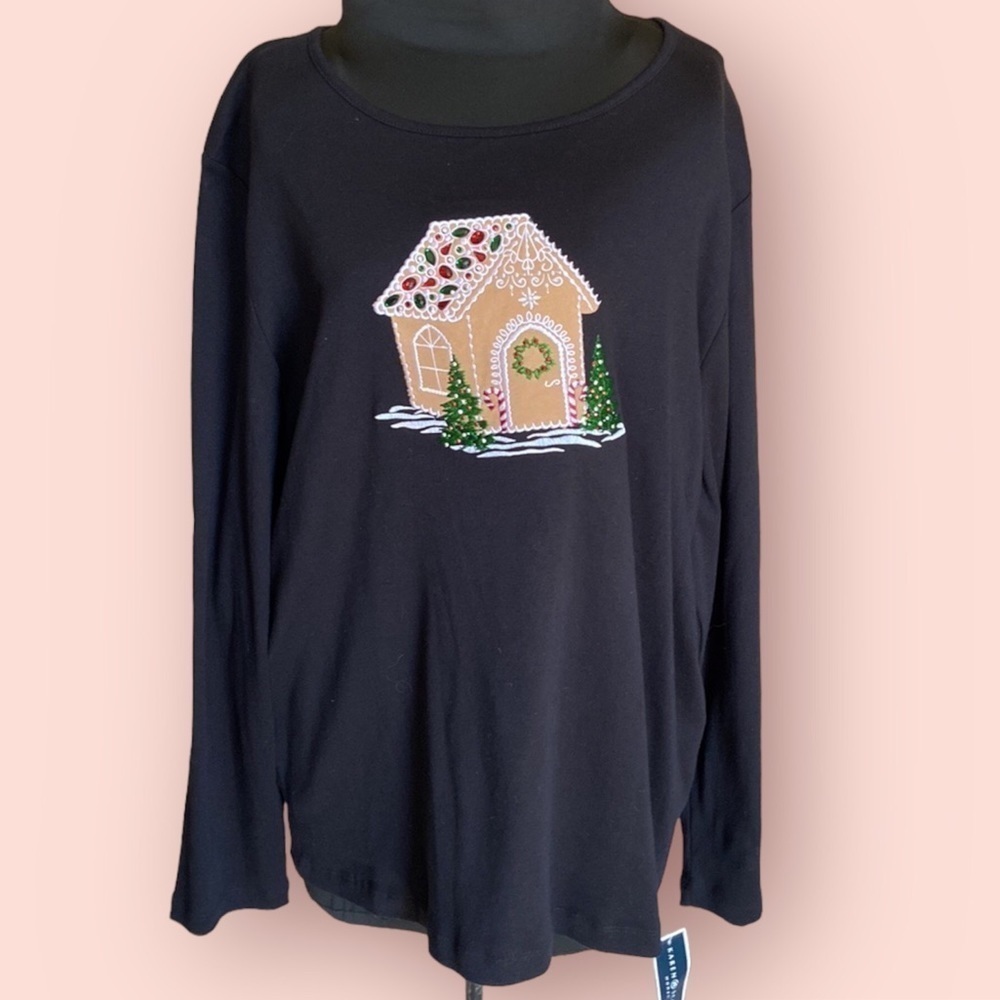 Karen Scott Woman Gingerbread House Embellished Long Sleeve Top Black 2X NWT